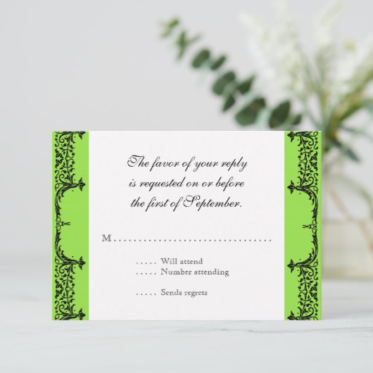 Black n White Lilie Damask Wedding RSVP Karte (Stehend Vorderseite)