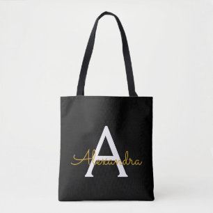 Black Name Gold Girly Script Monogram Modern Tasche