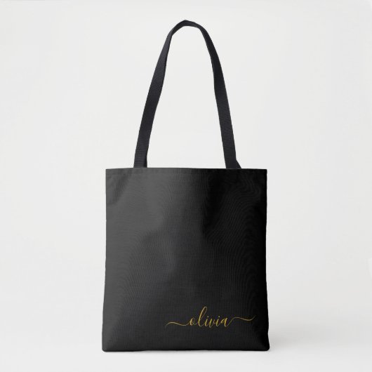 Black Name Gold Girly Script Monogram Modern Tasche (Vorderseite)