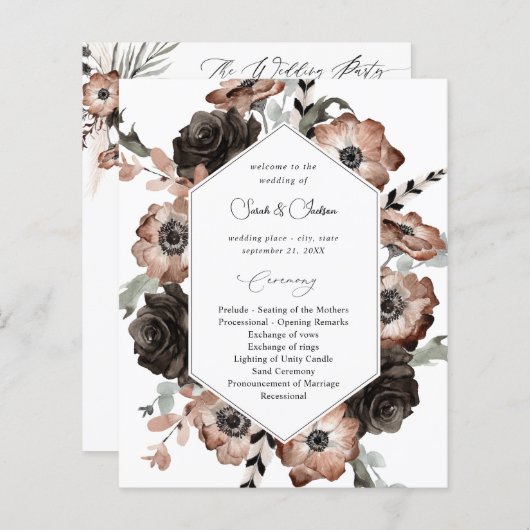 Black & Natural Floral Boho Hochzeitsprogramm (Vorne/Hinten)