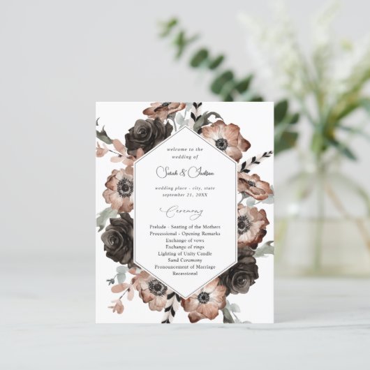 Black & Natural Floral Boho Hochzeitsprogramm (Stehend Vorderseite)