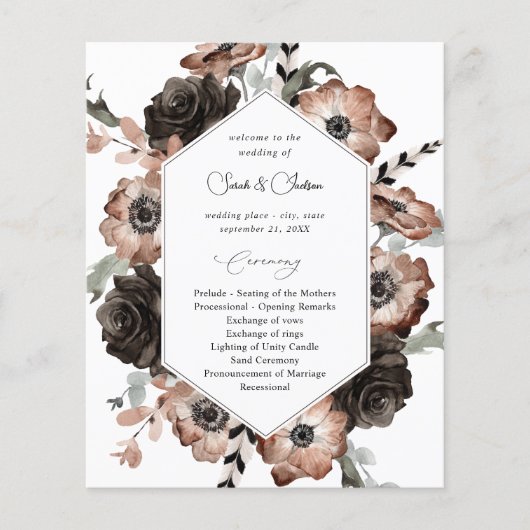 Black & Natural Floral Boho Hochzeitsprogramm (Vorderseite)