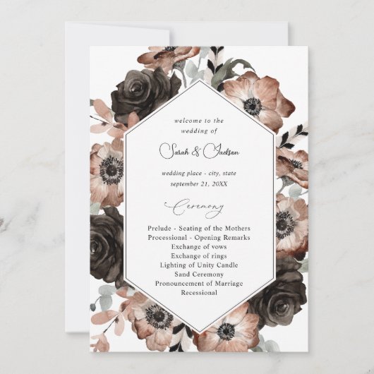 Black & Natural Floral Boho Hochzeitsprogramm Einladung (Vorderseite)