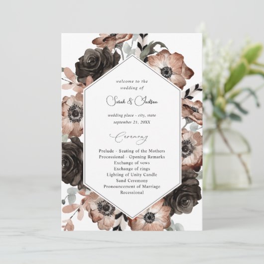 Black & Natural Floral Boho Hochzeitsprogramm Einladung (Stehend Vorderseite)