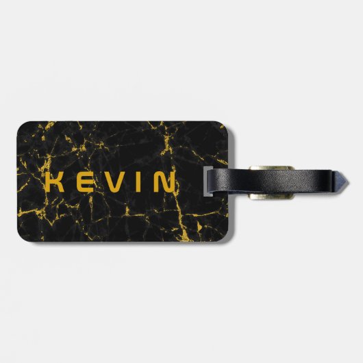 Black Natural Marble Stone Print Gold Akzent Gepäckanhänger (Rückseite horizontal)