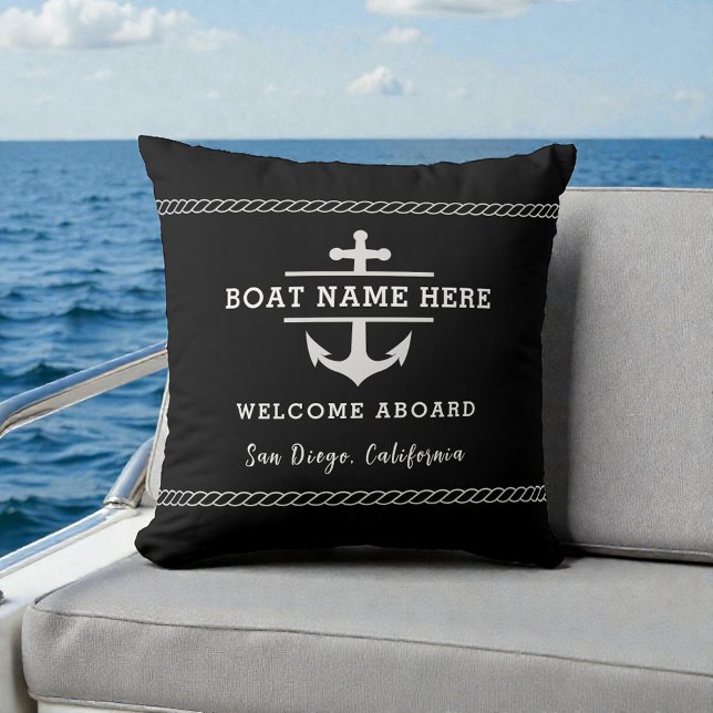 Black Nautical Boat Name Welcome Aboard Anchor  Kissen (Von Creator hochgeladen)