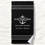 Black Nautical Boat Name Welcome Aboard Anchor  Strandtuch<br><div class="desc">Bring bold maritime style to the shore with this black nautical beach towel, featuring a striking anchor, “Welcome Aboard, ” and your custom boat name. The high-contrast black-and-white design delivers a clean, modern coastal look perfect for beach trips, pool days, boating adventures, lake weekends, and marina lounging. Soft, absorbent, and...</div>