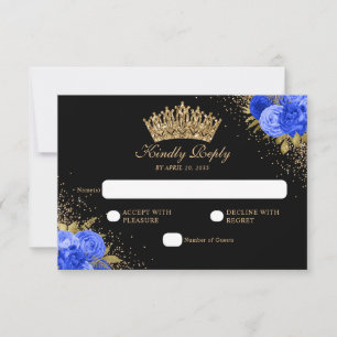 Black Navy Blue Gold Glitzer Floral Quinceanera RSVP Karte