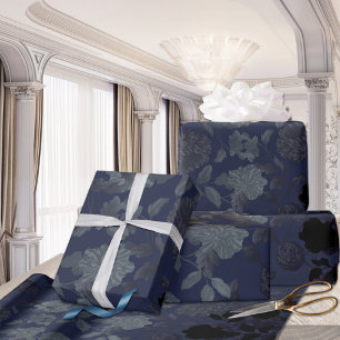 Black Navy Blue Moderne Vintage Blumentoilette Geschenkpapier