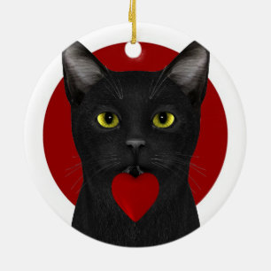Black Neko mit rotem Herzen Keramikornament