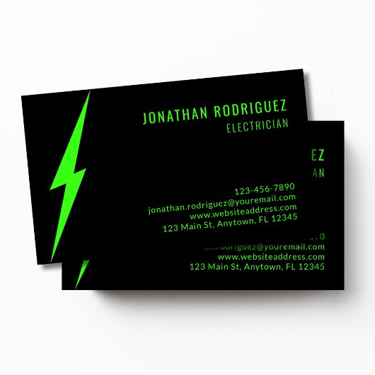 Black Neon Green Lighting Bolt Custom Electrician Visitenkarte