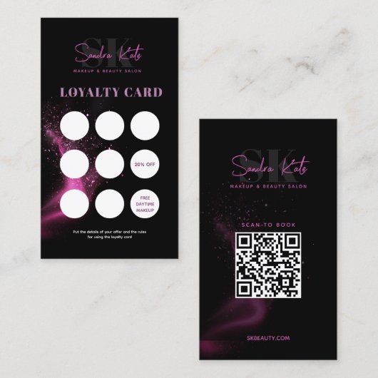 Black Neon Pink Beauty Salon QR Code Loyalty Card Visitenkarte (Vorne/Hinten)