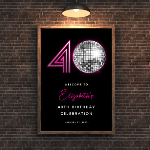 Black Neon Pink Disco Ball 40. Geburtstag Poster