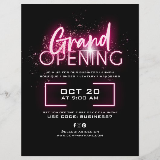 Black Neon Pink Glittery Business Grand Opening Ad Flyer (Vorne)