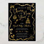 Black New Year Cheer Hand Drawn Party Real Gold Folieneinladung (Vorderseite)