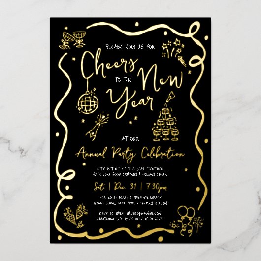 Black New Year Cheer Hand Drawn Party Real Gold Folieneinladung (Vorderseite)