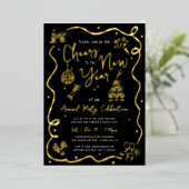 Black New Year Cheer Hand Drawn Party Real Gold Folieneinladung (Stehend vorne)