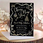 Black New Year Cheer Hand Drawn Party Real Gold Folieneinladung