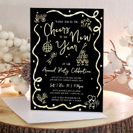 Black New Year Cheer Hand Drawn Party Real Gold Folieneinladung