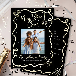 Black New Year Cheer Photo Hand Drawn Real Gold Folien Feiertagskarte