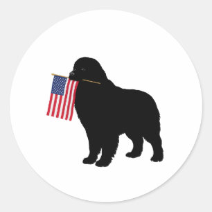 Black Newf Dog Holding USA Flag - 4. Juli Patriot Runder Aufkleber