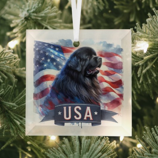 Black Newfie Patriotic Ornament Aus Glas (Insitu)