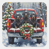 Black Newfoundland Christmas Red Truck Holiday Quadratischer Aufkleber (Vorderseite)