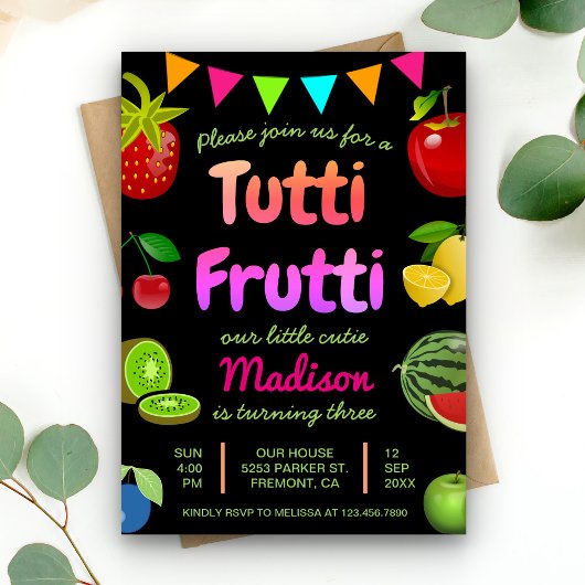 Black Niedlich Fruits Tutti Frutti Kindergeburtsta Einladung