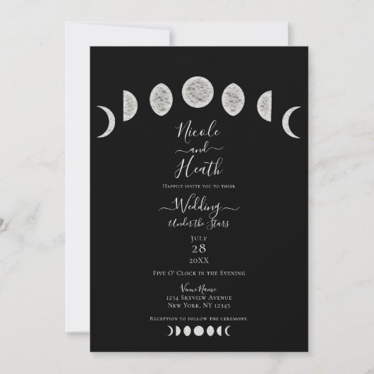 Black Night Sky Moon Phases Abend Wedding Einladung (Vorderseite)