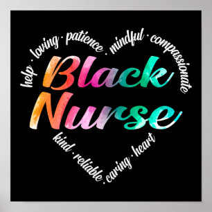 Black Nurve Heart Word Cloud Watercolor Rainbow Poster