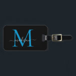 Black Ocean Blue Monogram Script Name Stilvoll Gepäckanhänger<br><div class="desc">Elegant Modern Stilvolle Black Bright Ocean Blue Monogram Script Name Stilvolle Bag Tag</div>