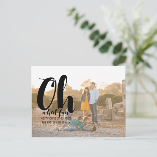 Black Oh What Fun Holiday Foto Postkarte (Stehend Vorderseite)