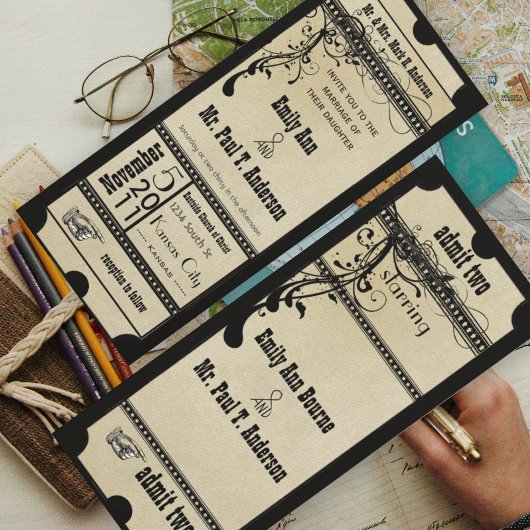 Black Old Hollywood Ticket Wedding Einladung