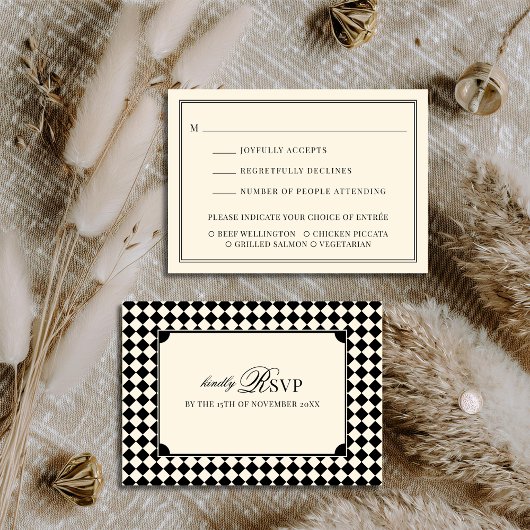 Black Old Money Wedding Mail In with Meal Choice RSVP Karte
