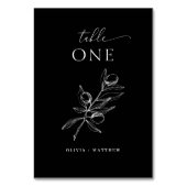 Black Olive Wedding | Elegantes Script italienisch Tischnummer (Vorderseite)