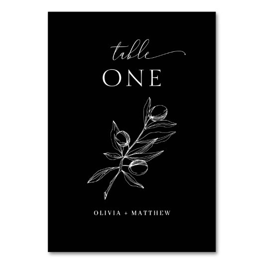 Black Olive Wedding | Elegantes Script italienisch Tischnummer (Vorderseite)