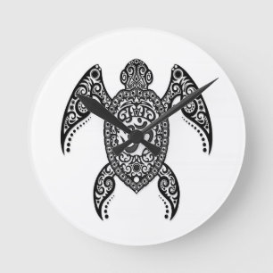 Black Om Sea Turtle on White Runde Wanduhr