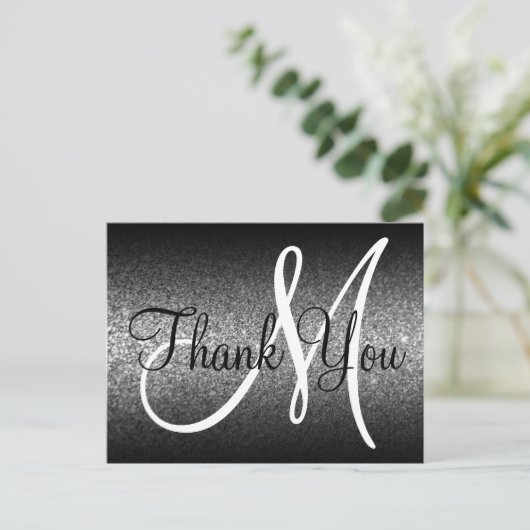 Black Ombre Silver Glitzer Monogram Vielen Dank Postkarte (Stehend Vorderseite)