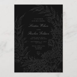 Black on Black Floral Wreath Wedding QR Code Einladung