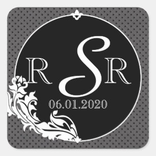 Black on Black Polka Dot Wedding Monogram Quadratischer Aufkleber