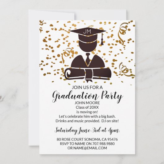 Black on Gold Grad mit Confetti Graduierungsparty Einladung (Vorderseite)