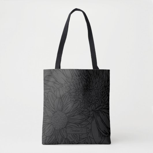 Black on Grey with Name and Chrysanthemums Tasche (Vorderseite)