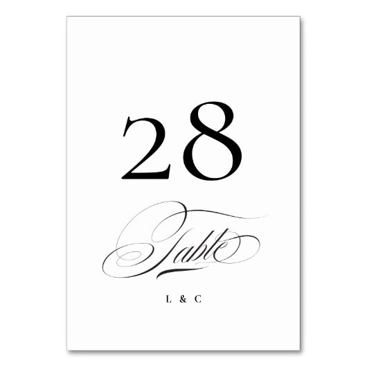 Black on White Elegant Calligraphy Wedding Tischnummer (Rückseite)