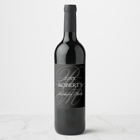 Black Onyx Minimalistisch Monogram Bachelor Party Weinetikett (Vorderseite)