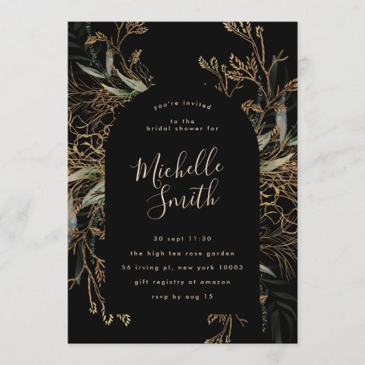 Black Onyx Modern Gold Boho Leafy Brautparty Einladung (Vorderseite)