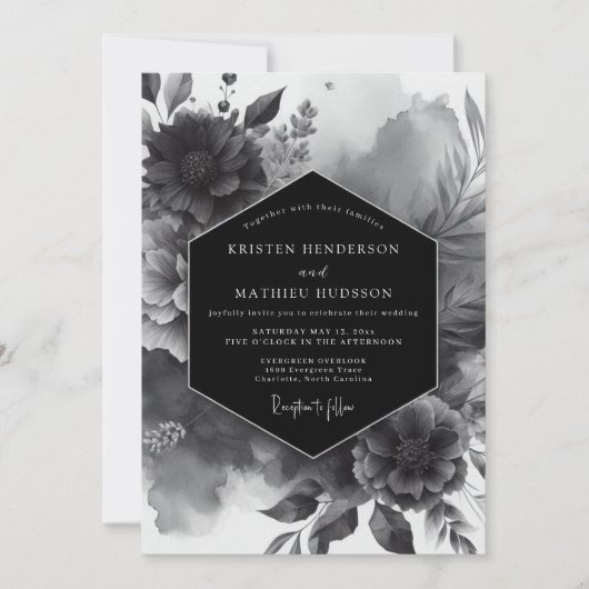Black Opulent Bloom Wedding Einladung (Vorderseite)