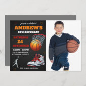 Black Orange Basketball Foto Geburtstag Einladung (Vorne/Hinten)