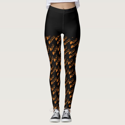 Black Orange Boo Typografie Muster Halloween Leggings (Vorderseite)