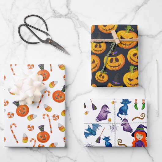 Black Orange Candy Pumpkin Hexenmeister Halloween Geschenkpapier Set (Vorderseite)