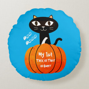 Black Orange Cat Pumpkin Trick oder Treat Hallowee Rundes Kissen